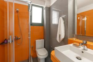 La salle de bains est pourvue de toilettes, d'un lavabo et d'une douche. dans l'établissement The Blue Olive villa Sithonia Halkidiki, à Vourvourou