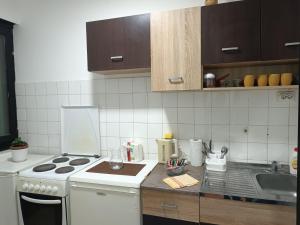 a kitchen with a white stove and a sink at Apartman 019 in Zaječar