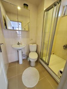 a bathroom with a toilet and a sink and a shower at Budget Hotel Tourist Inn in Arnavutköy