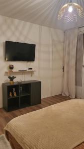 een slaapkamer met een flatscreen-tv en een bed bij Château 5 min avec balcon et un Stationnement gratuit in Versailles