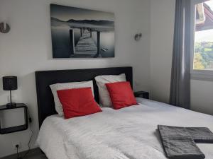 um quarto com uma cama com duas almofadas vermelhas em Bol d'air pur au coeur du pays basque em Souraïde