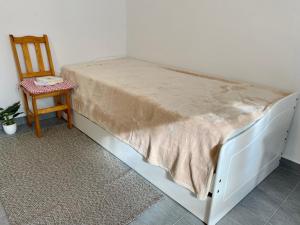 a bed in a room with a chair next to at Ubytovanie Stratený budzogáň in Kľače