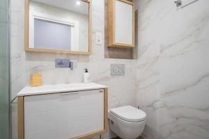 een badkamer met een toilet, een wastafel en een spiegel bij Apartamento Arresi Deluxe in Bermeo +42 foto's
