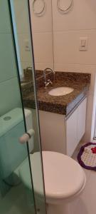 a bathroom with a sink and a toilet and a mirror at Apartamento Aconchegante in Capitólio