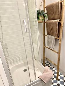 a shower stall in a bathroom with a black and white floor at Le chalet bucolique au bord de l'eau in Olivet