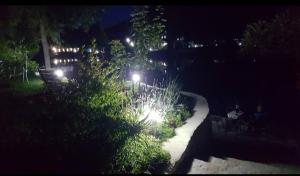 een tuin 's nachts met verlichting in een tuin bij House De Luxe in Bihać