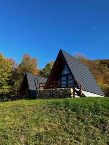 a house with a black roof on a hill at Rock Valley Cabins in Ibăneşti