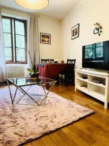 a living room with a table and a tv at Appartement vue lac Montreux in Montreux