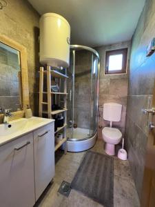 ein Bad mit einer Dusche, einem WC und einem Waschbecken in der Unterkunft Wood Cabin Hillside Retreat in Banja Luka