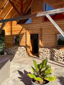 ein Blockhaus mit einer Topfpflanze davor in der Unterkunft Wood Cabin Hillside Retreat in Banja Luka