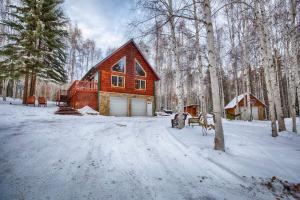 a wooden cabin in the woods in the snow at Corporate Cabin Aurora Refuge in Fairbanks