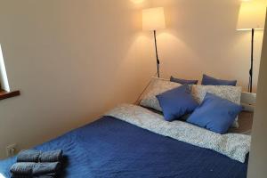 um quarto com uma cama azul com almofadas azuis em Apartament, ogródek, przy Rynku! em Zielona Góra