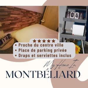 uma colagem de fotografias de um quarto com uma cama e uma mesa de cabeceira em OLOO Habitat - Le19 - Parking Privé em Montbéliard