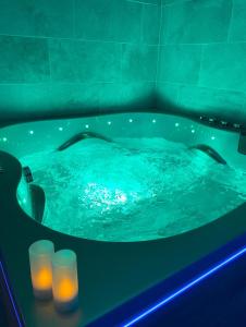 uma banheira com dois golfinhos com velas em La voute Doloise - Love room & spa em Dole
