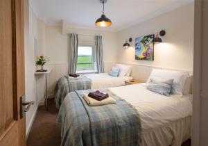two beds in a small room with a window at Bwthyn y Ddol - a cottage with stunning views in Cardigan
