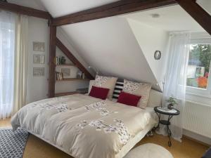 1 dormitorio con 1 cama grande con sábanas blancas y almohadas rojas en Am Apfelbaum, ein Ferienhaus zwischen Rhein und Mosel, en Kastellaun