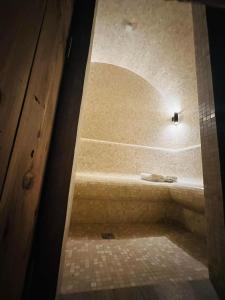 a bathroom with a walk in shower with a tub at Heaven Reset & Spa - Domek nad rzeka in Korczew