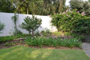 a garden with pink flowers and a white wall at Bryanston Elgin - Cottage 3 in Johannesburg +2 photos