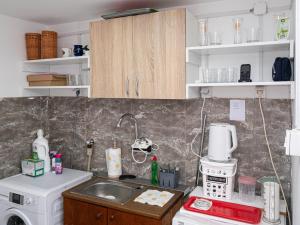 a kitchen with a sink and a washing machine at Sobe Marija in Kikinda