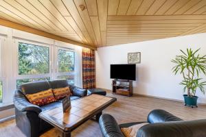 sala de estar con muebles de cuero y TV de pantalla plana en Haus Wiesengrund en Gammertingen
