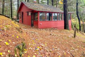 una cabaña roja en medio de un bosque en Little Red Lakeside Cabin, en Three Lakes