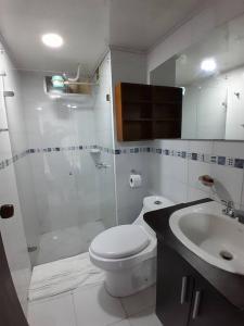 a bathroom with a toilet and a shower and a sink at Apartamento Grupal, Chapinero in Bogotá