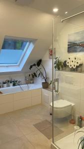 uma casa de banho com um chuveiro, um WC e uma janela. em Five Oaks Sky em Hamburgo