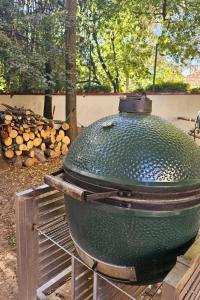 un grand pot vert assis au-dessus d'un grill dans l'établissement Château GrandClément Piscine et Parc, à Villeurbanne