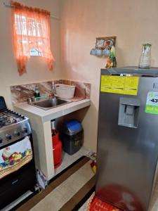 uma pequena cozinha com um lavatório e um frigorífico em psalms em Cunupia Village