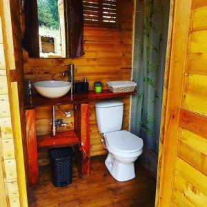 La salle de bains est pourvue de toilettes et d'un lavabo dans une cabane en rondins. dans l'établissement Cabaña campestre #1, à Ráquira