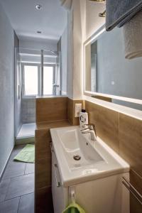 een badkamer met een wastafel en een spiegel bij Stadt- Naturnah, Traumblick und Balkon in Baden-Baden