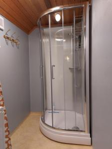 a shower stall in a bathroom with a wooden ceiling at Vargheden Bed & Breakfast in Malung