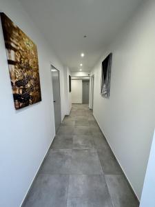 a hallway with three paintings on the walls at Résidence République in Dijon