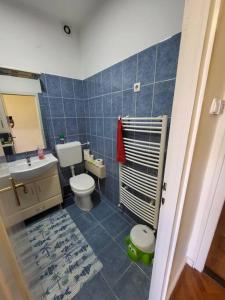 Baño de azulejos azules con aseo y lavamanos en Wishy Washy House en Debrecen