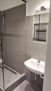 a bathroom with a sink and a shower at Monteurwohnung bis zu 10 Personen mit 5 großen gratis Parkplätzen und WLAN in Veitshöchheim