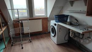 a laundry room with a sink and a washing machine at Monteurwohnung bis zu 10 Personen mit 5 großen gratis Parkplätzen und WLAN in Veitshöchheim