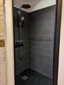 a shower in a bathroom with black tiles at Maison de Bourg Cressensac in Cressensac