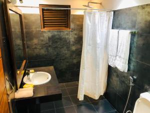 a bathroom with a sink and a shower curtain at Dambulla Rock Arch in Dambulla