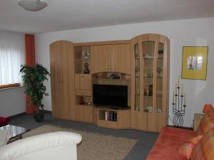 a living room with wooden cabinets and a flat screen tv at Riedel Fronz in Lennestadt