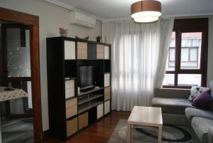 a living room with a black entertainment center with a tv at BEC, Hospital Cruces, parking gratis, wifi, AA, a 15 min de Bilbao in Barakaldo
