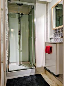 a shower with a glass door in a bathroom at Gîtes Le Verger in Taintrux