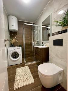 a bathroom with a shower and a toilet and a sink at Apartman Magi Jahorina in Jahorina