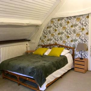 ein Schlafzimmer mit einem Bett mit gelben Kissen in der Unterkunft Maison spacieuse près de Vienne-en-Arthies avec jardin in Vienne-en-Arthies + 43 Fotos