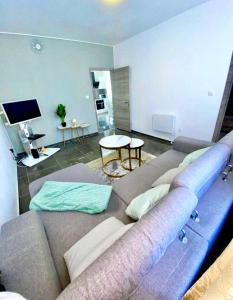 a living room with a couch and a table at One bedroom appartement with wifi at Anderlecht in Brussels