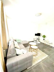 a living room with a couch and a table at One bedroom appartement with wifi at Anderlecht in Brussels
