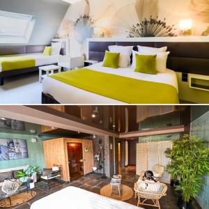 ein Hotelzimmer mit einem großen Bett mit grünen Kissen in der Unterkunft Quality Hotel La Marebaudière Vannes Centre in Vannes