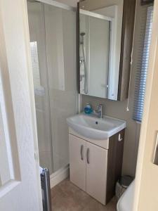 a bathroom with a sink and a shower at 2 Bed, 2 Bath Lodge Style Caravan with Hot Tub & Private Garden in Patrington