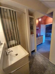 baño con lavabo blanco y pasillo en De Hagendoorn en Moorveld