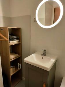 uma casa de banho com um lavatório e um espelho em Le Seignus: superbe studio avec vue sur les pistes em Allos