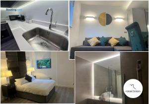 un collage de fotos de un baño con lavabo y bañera en Esmae Homes, en Milton Keynes